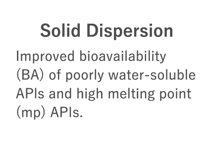 Solid Dispersion：Improved bioavailability (BA) of poorly water-soluble APls and high melting point (ma) APIs.