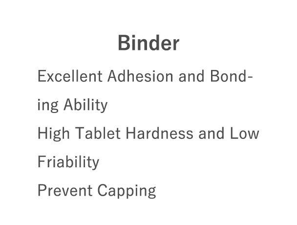 Binder：Excellent Adhesion and Bonding Ability High Tablet Hardness and Low Friability Prevent Capping